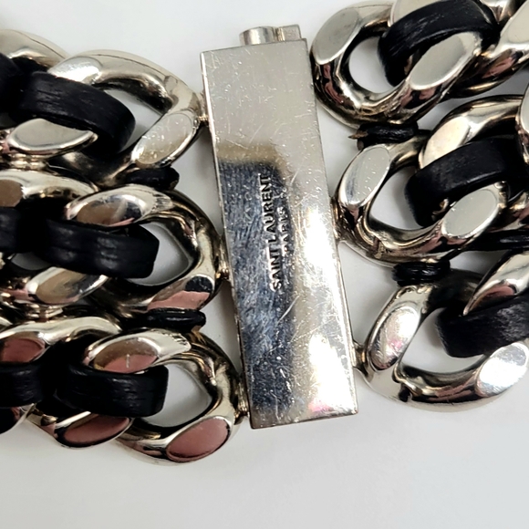 Yves Saint Laurent HEAVY Triple Curb Chain Statement Necklace w Leather Inlay - Picture 12 of 13